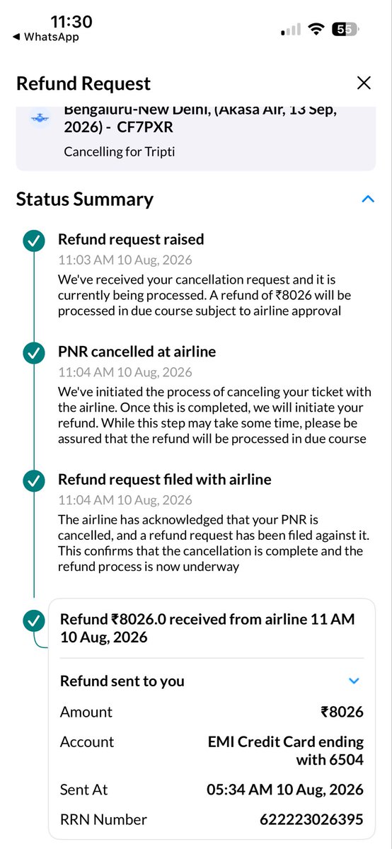 tripti18singh's tweet photo. Paid ₹1106 extra for Zero Cancellation / Full Refund on @MakeMyTrip, cancelled the ticket 1 month before travel, but ₹1306 was still deducted. Received ₹8026 out of ₹9332
Booking ID: NF2AMVHB45753010170
PNR: CF7PXR
Please review and process full refund. @MMTSupport @AkasaAir https://t.co/nvqhlW7Pzy