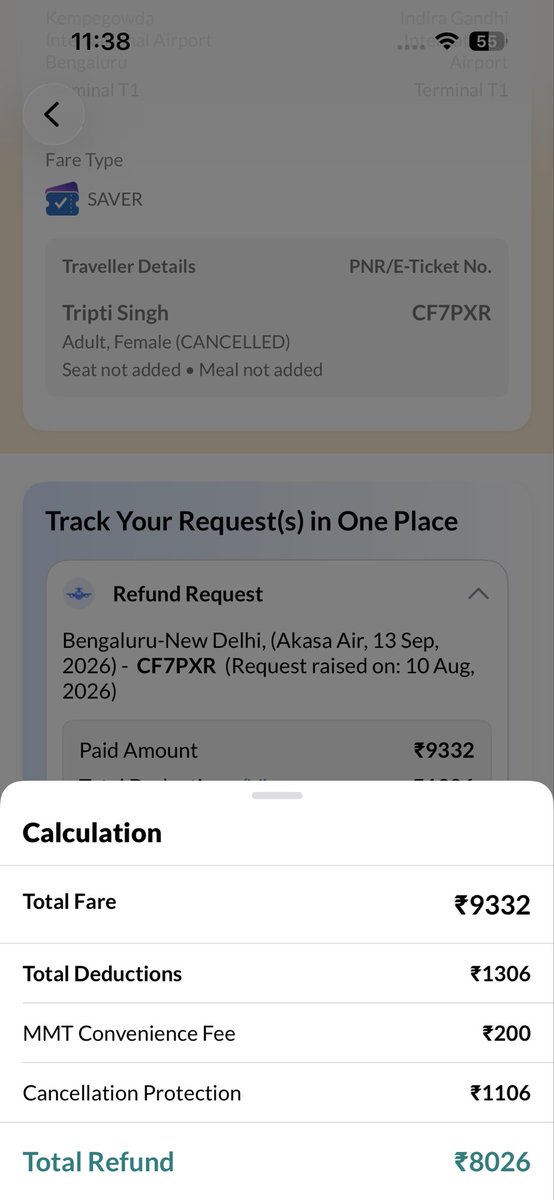 tripti18singh's tweet photo. Paid ₹1106 extra for Zero Cancellation / Full Refund on @MakeMyTrip, cancelled the ticket 1 month before travel, but ₹1306 was still deducted. Received ₹8026 out of ₹9332
Booking ID: NF2AMVHB45753010170
PNR: CF7PXR
Please review and process full refund. @MMTSupport @AkasaAir https://t.co/nvqhlW7Pzy