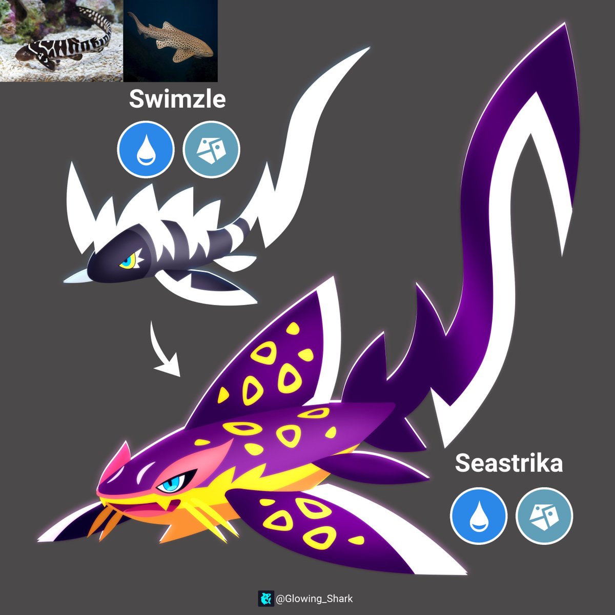 Glowing_Shark's tweet photo. How about a line of zebra sharks?
The joke is that they look like Blitzle and Liepard 😂✨
#Fakemon #pokemonart https://t.co/PfXwbF92bl