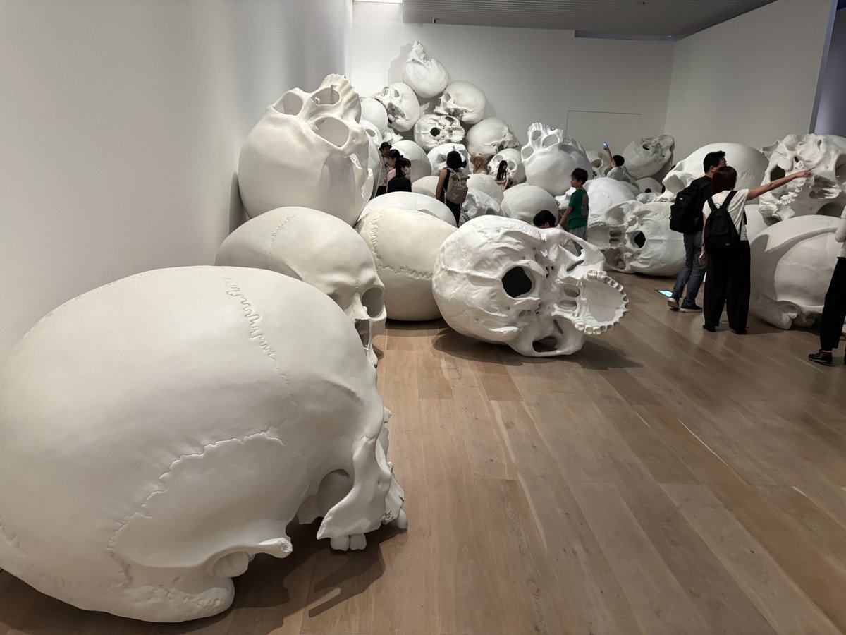 YczPb's tweet photo. 国立新美術館から森美術館に移動
#ロン・ミュエク展 鑑賞
かなり闇を感じる彫刻作品が超リアルで凄かった
巨大ドクロの展示「マス」異界の雰囲気だがいい感じで記念撮影会場となってたのは微笑ましかった
#アート　#一人旅 https://t.co/yxkklAMuQb