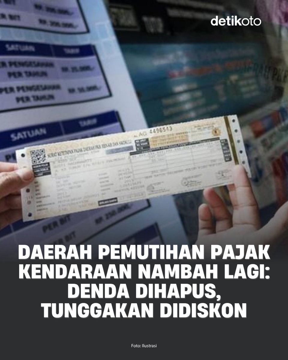 detikoto's tweet photo. Punya tunggakan pajak kendaraan? Ada kabar baik nih!

Pemutihan pajak kendaraan kembali bertambah. Kali ini giliran Kepri yang memberikan berbagai keringanan pajak kendaraan. Program ini berlaku 10 Agustus–30 September 2026.

#detikoto #PajakKendaraan #PemutihanPajak #Kepri https://t.co/x1t4bCqlXS