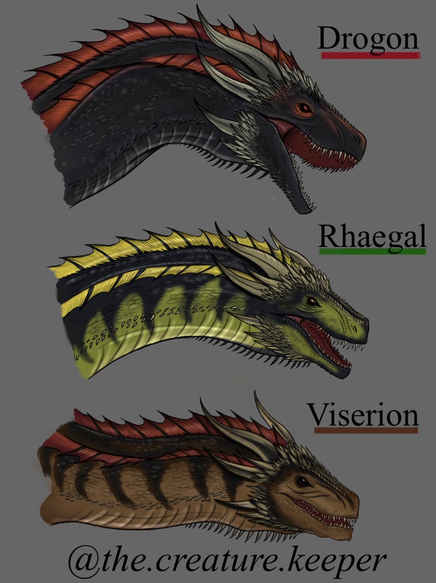KeeperCreature's tweet photo. To wrap up this third season of "House of the Dragon", I wanted to draw Drogon, Rhaegal, and Viserion!  Dragons who would go on to play a crucial role in the "Game of Thrones" storyline. I hope you like them, guys! 

#houseofthedragon #gamelfthrones https://t.co/nQDO05gToV