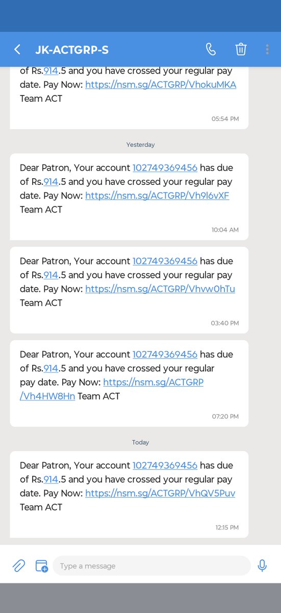 saskanth's tweet photo. @ACTFibernet stopping sending non sense SMS saying I've crossed my regular payment date though last date is 15th. From yesterday recieve more than 10 SMS in regular interval which irritates and feels pushisment for paying way before my due date. https://t.co/zcNfhNEeeZ