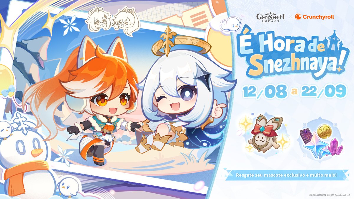 BRGenshinImpact's tweet photo. A colaboração Genshin Impact x @Crunchyroll_BR_ começará junto com a Versão 7.0 de Genshin Impact em 12 de agosto!
#GenshinxCrunchyroll #NowSnezhnaya #GenshinImpact

Um convite de Paimon e Hime...
Que novas descobertas nos aguardam na terra de Cryo? Vamos para Snezhnaya juntos! ❄️
