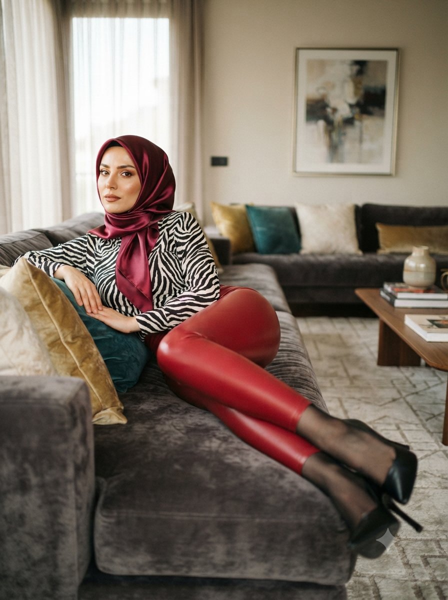 hijabmodelai's tweet photo. İpek eşarplı rugan deri taytlı zebra desenli bluzlu topuklu ayakkabılı siyah ten çoraplı modern türbanlı kadın ✨🌟🔥💫 https://t.co/e05l1JZSzX