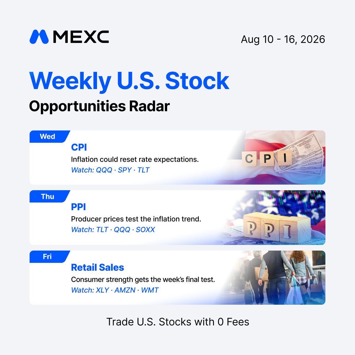 MEXC's tweet photo. Three market tests to have on your radar this week. 

Inflation first. Then the consumer.

Know the setup before the move. 

Which one are you watching first? 👇