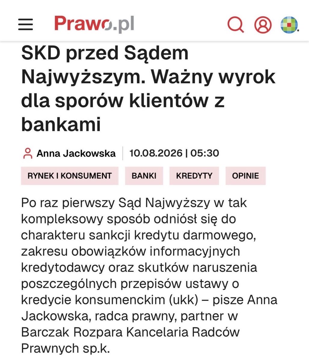 Monika_cmatoga's tweet photo. Ważny wyrok SN dla kredytobiorców ! Sankcja kredytu darmowego nie jest tylko  „martwym przepisem” — przy naruszeniu obowiązków przez bank konsument może realnie z niej skorzystać. To dobry kierunek dla ochrony konsumentów. https://t.co/JJquzTlX5s
