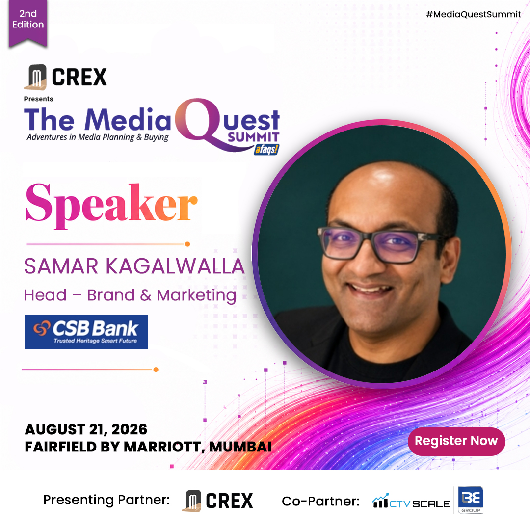 afaqs's tweet photo. Who is shaping the future of media planning and buying?
Meet Samar Kagalwalla, Head – Brand & Marketing, @CSBBankLtd , at the 2nd edition of The MediaQuest Summit.

Date: August 21, 2026
Location: Fairfield by Marriott, Mumbai

Register now: https://t.co/Z3DWTqHgbv

#MediaQuestSummit #MediaPlanning #MediaBuying #Media #Advertising #Marketing #CSBBank #afaqs #CREX #CTVScale #BEGroup