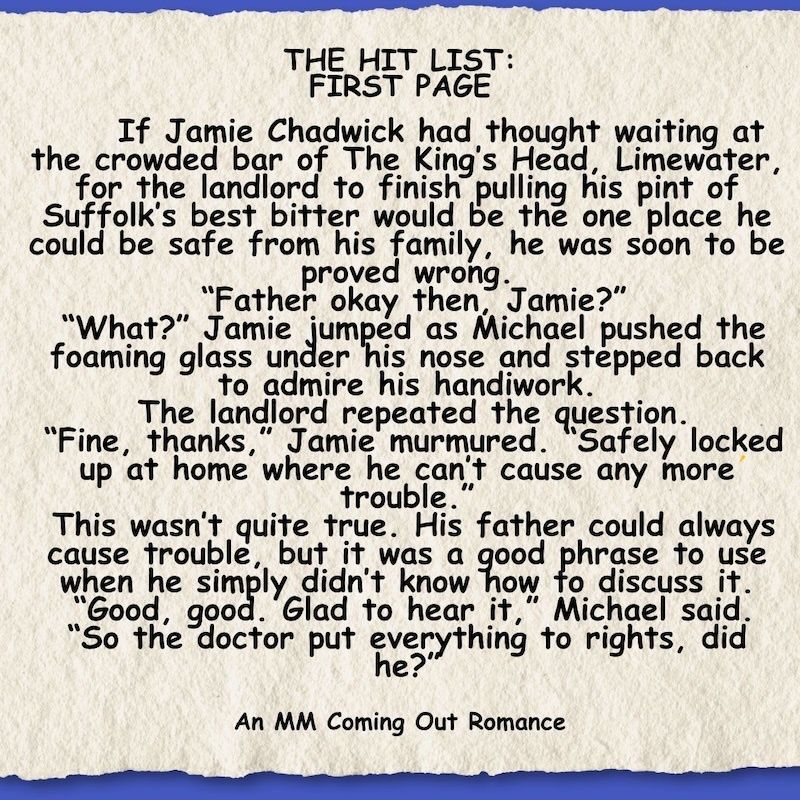 AnneBrookeBooks's tweet photo. Here is the 1st page of my NEW & IMPROVED MM coming out/second chance romance The Hit List ๐
Find out more about Jamie's rollercoaster ride to love here: https://t.co/7TjWMR0aV3
#firstpage #mmromance https://t.co/gSPxzVTE1e