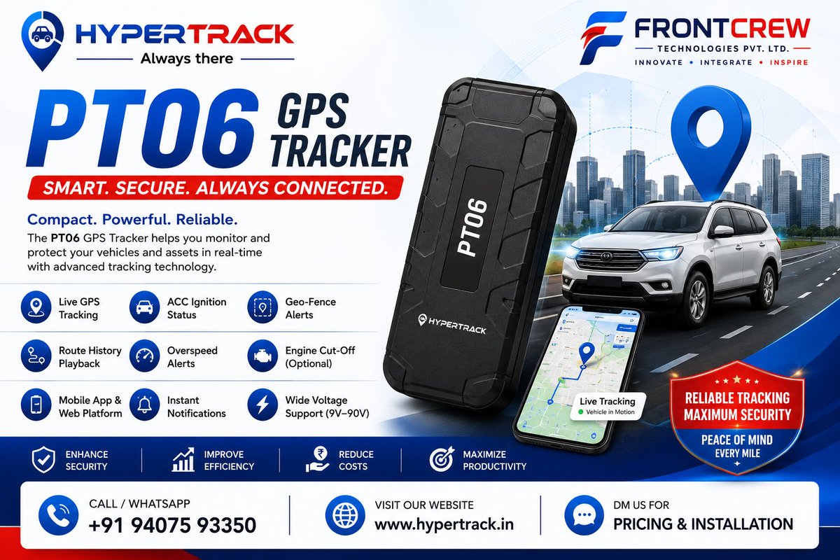 FrontcrewT's tweet photo. 🚘 Is Your Vehicle Really Under Your Control?

📍 Real-Time GPS Tracking
🔔 Instant Movement &amp; Security Alerts
🛡️ Geo-Fence Monitoring
🚨 Overspeed Alerts
⚙️ Ignition ON/OFF Status
🗺️ Route History

📞 +91 94075 93350
🌐 https://t.co/gGoZUTxmLL

#PT06 #GPSTracker #VehicleTracking https://t.co/j5UC3Of5Zw