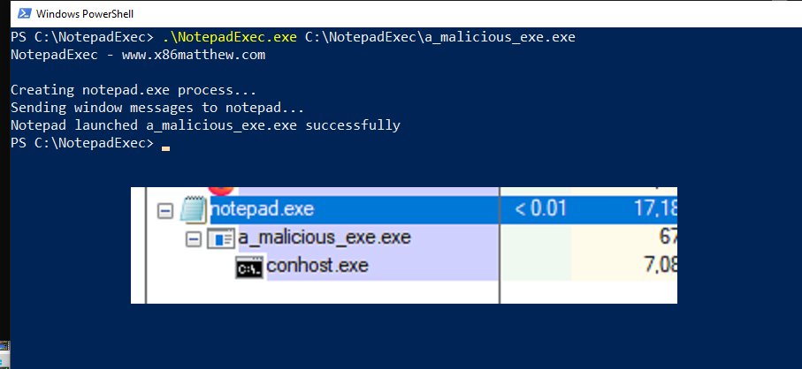 cr3ghost's tweet photo. Launching an EXE from notepad.exe without code injection.

@x86matthew's NotepadExec drives the Open File dialog with Windows messages and uses its shell context menu to execute a target, making it a child of notepad.exe.

https://t.co/9acULtY8vI https://t.co/mW0StSbGHI