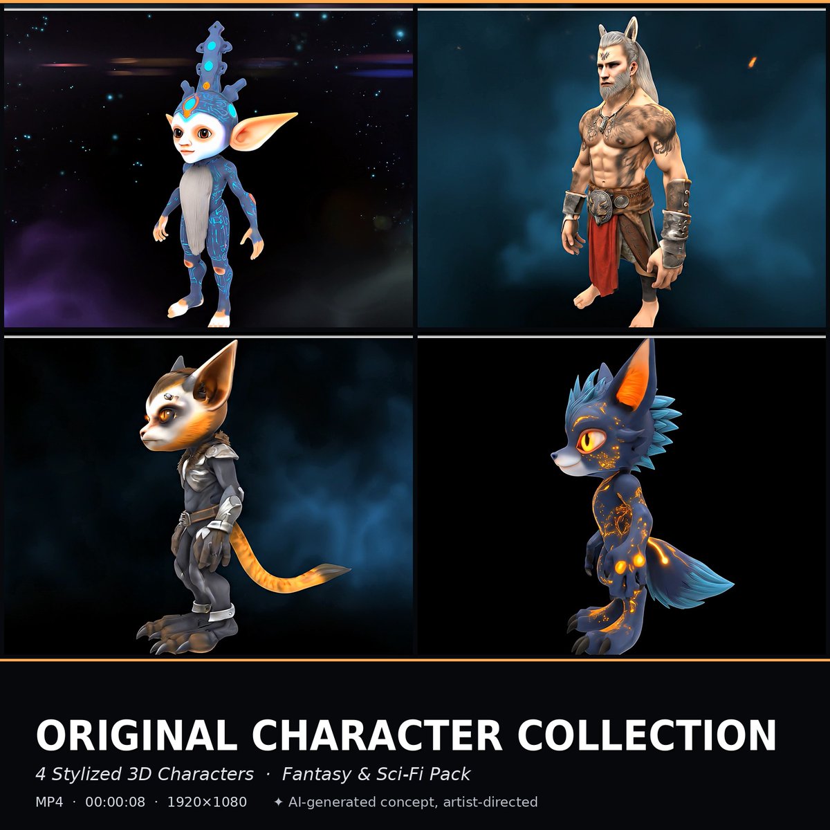 anyinfo69's tweet photo. Original Character Collection — 4 Stylized 3D Fantasy &amp; Sci-Fi Character Turnarounds (Elf, Werewolf, Feline, Fox Spirit) https://t.co/SjpBeHR4K5

#3DCharacterDesign #FantasyArt #SciFiArt #CharacterTurnaround #AIart #GameArtAssets #ConceptArt #FantasyCharacters #CreatureDesign https://t.co/M08vdtys9j