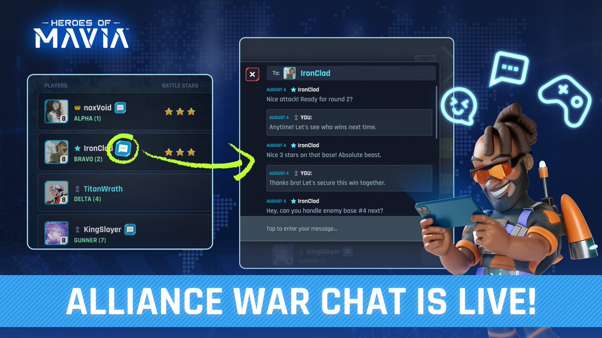 NexiraDAEP's tweet photo. 💬 NEW: ALLIANCE WAR CHAT IS NOW LIVE! ⚔️

👥 Simply click to connect with fellow Mavians around the world in real time!

Have fun chatting! 🔥

#Nexira #AllianceWars #Web3Gaming #HeroesOfMavia #GamingCommunity $NEXI https://t.co/wlgGPzdPxe
