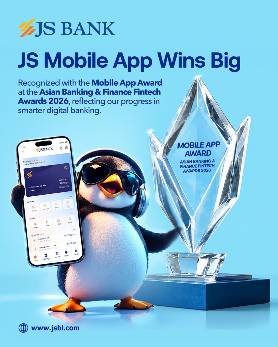 JSBLPak's tweet photo. Our JS Mobile App takes home the Mobile App Award at the Asian Banking &amp; Finance Fintech Awards 2026, a milestone that reflects our focus on making your banking faster, simpler and better every day.

#JSBank #BarhnaHaiAagey #DigitalBanking #FintechInnovation https://t.co/W9kTBzH5nP