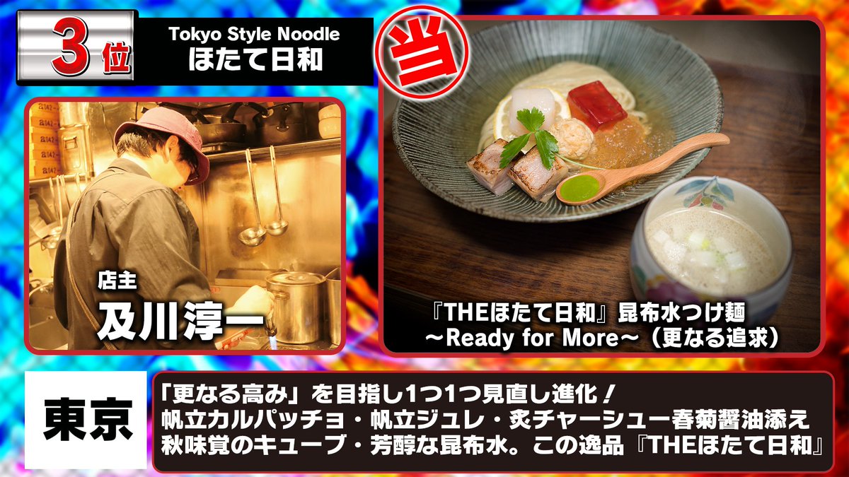 daitsukemenhaku's tweet photo. 【ラー1GP予選｜第3位】

ほたて日和
『THEほたて日和』
   昆布水つけ麺 〜Ready for More〜（更なる追求）

帆立カルパッチョ、ジュレ、昆布水。帆立づくし。
会場で狙う人はRP！

📆10/10〜11/15
📍新宿・大久保公園
🕐11:00〜21:00
🍜食べ比べサイズ800円／2杯セット1500円
       通常サイズ1,200円

#ほたて日和 #ラー1GP