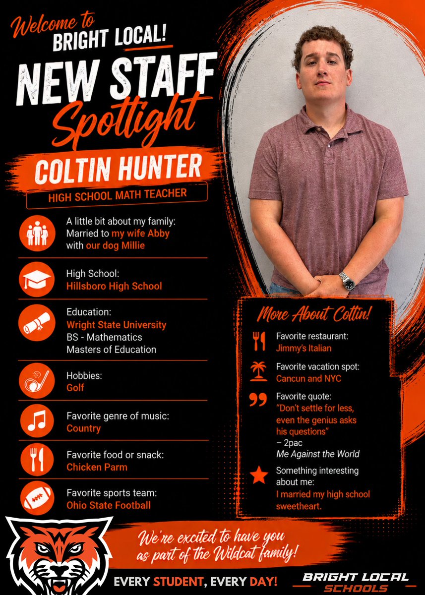BrightLocalSD's tweet photo. Bright Local Schools welcomes Coltin Hunter, our new High School Math Teacher, to the Wildcat family!
@WJSHWildcats https://t.co/5U0QpDhSDp