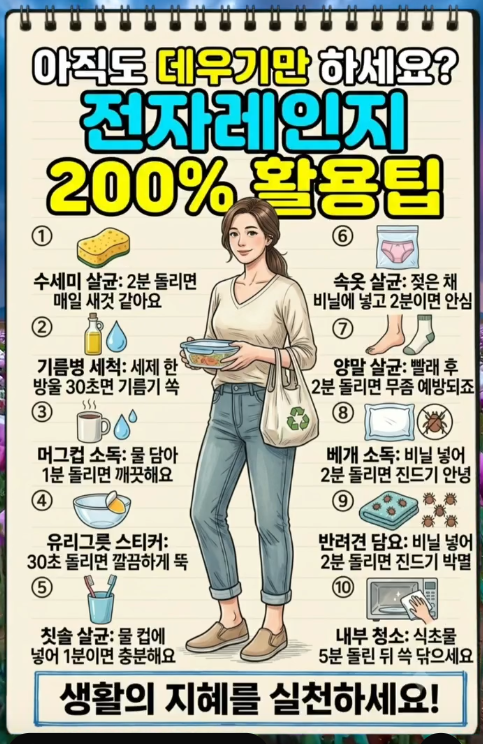 ejparkpark's tweet photo. 전자레인지 200% 활용팁‼️

1, 수세미 살균
2분 돌리면 매일 새것처럼 깨끗해짐
2. 기름병 세척
세제 한 방울 + 30초 → 기름기 쏙
3. 머그컵 소독
물 담아 1분 돌리면 깨끗
4. 유리그릇 스티커 제거
30초 돌리면 깔끔하게 떨어짐
5. 칫솔 살균
컵에 물 넣고 1분이면 충분
6. 속옷 살균
젖은 채 비닐에 넣고 2분 → 안심
7. 양말 살균
빨래 후 2분 돌리면 무좀 예방
8. 베개 소독
비닐에 넣고 2분 → 진드기 안녕
9. 반려견 담요
비닐에 넣고 2분 → 진드기 박멸
10. 내부 청소
식초물 5분 돌린 뒤 쓱 닦으면 끝

전자레인지 = 데우기 도구 + 강력한 살균·청소 머신!

몇 번 하고 있어요❓ 해야 될 게 많네~