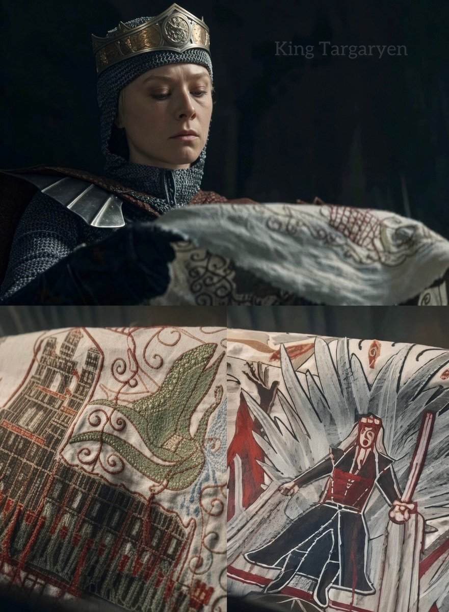 KingTargaryenn's tweet photo. Helaena dejó un último mensaje para Rhaenyra en forma de un tapiz, y creo que no podría haber habido un cierre más potente para este episodio. En él aparecen representadas dos escenas que cobran un significado desgarrador: la propia caída de Helaena y, más adelante, la eventual caída de Rhaenyra.

Saber que Helaena había visto venir su propio destino desde el principio hace que su destino sea todavía más doloroso. Y que sea precisamente ella quien deje este mensaje para su hermana, justo después de todo lo ocurrido, me parece una auténtica maravilla a nivel narrativo.

La verdad es que me ha encantado este cierre y, en general, cómo han decidido terminar la temporada. Todavía necesito asimilar todo lo que hemos visto porque hay muchísimo que analizar, pero creo que estamos ante uno de los episodios más memorables de #HouseOfTheDragon 

¿A vosotros qué os ha parecido?
