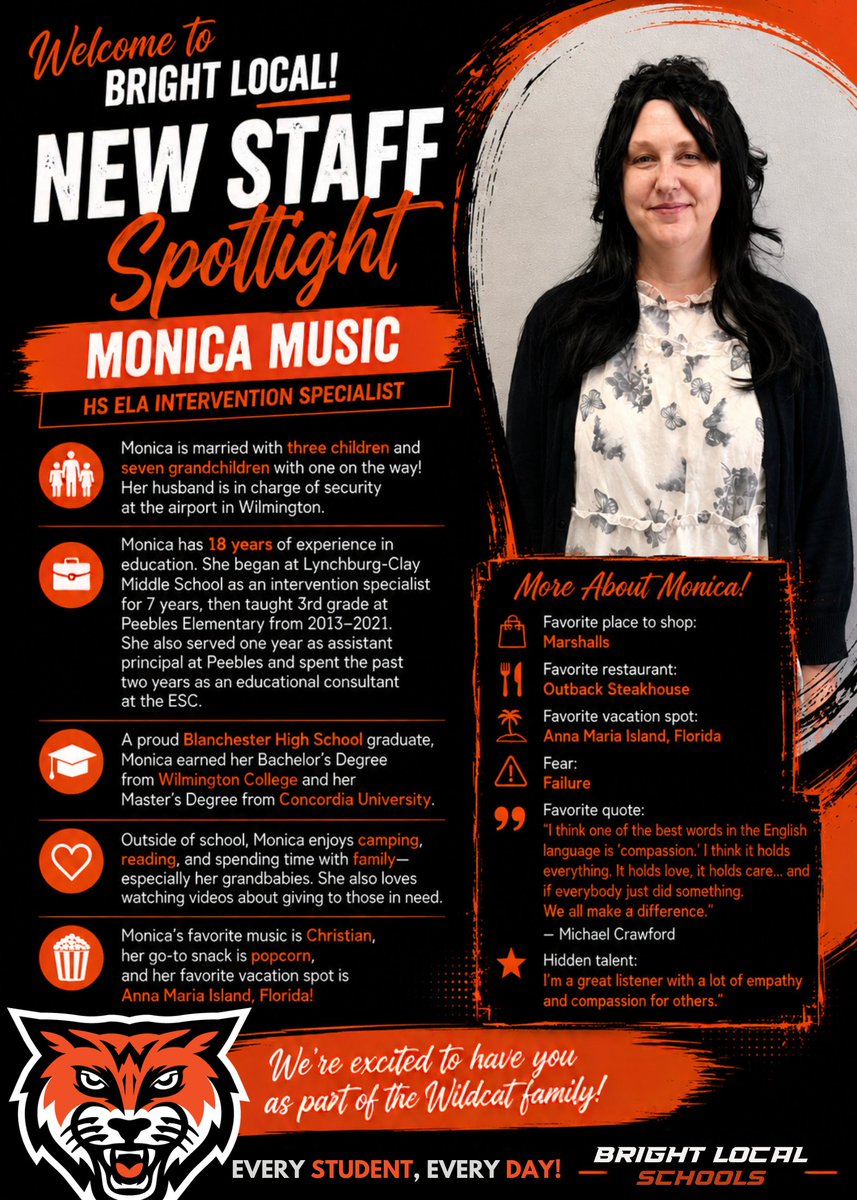 BrightLocalSD's tweet photo. Bright Local Schools welcomes Monica Music, our new HS ELA Intervention Specialist, to the Wildcat family!
@WJSHWildcats https://t.co/yGttXlyrpw