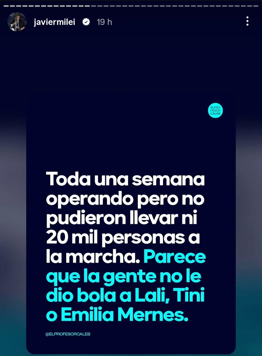 BiondiniCesar's tweet photo. Un Milei dolido ahora se dedica a atacar a Lali Espósito, Tina Stoessel y Emilia Mernes.
Ocupadísimo de los grandes problemas del país.
Es como un Marcelo Polino con problemas de sobrepeso e higiene personal. https://t.co/yPcj8IXePJ