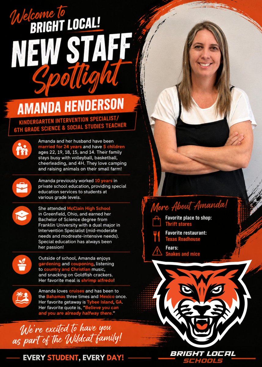 BrightLocalSD's tweet photo. Bright Local Schools welcomes Amanda Henderson, our new Kindergarten Intervention Specialist and 6th Grade Science &amp; Social Studies Teacher, to the Wildcat family!
@BEWildcats https://t.co/wIrGmW4gWE