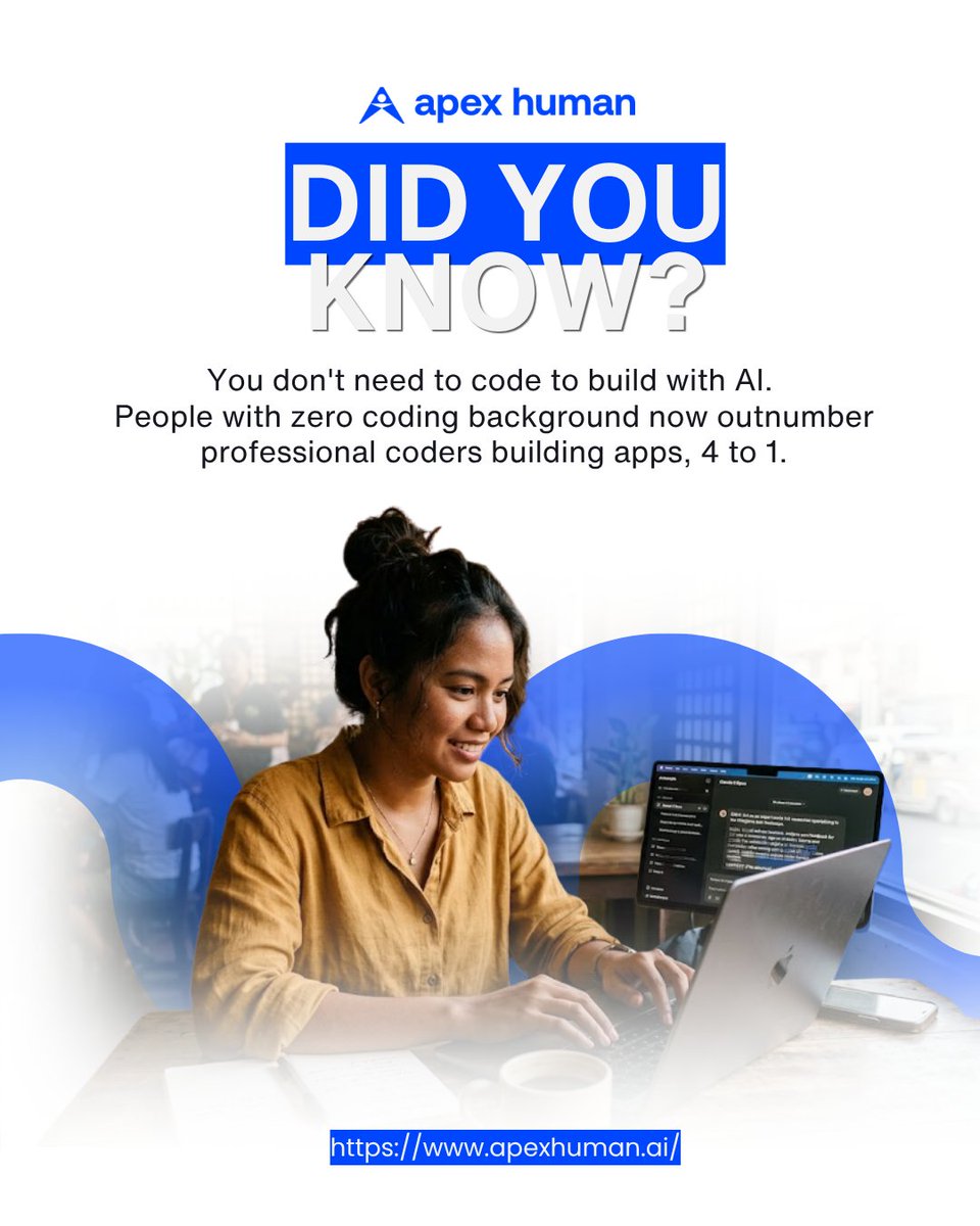 apexhuman_ai's tweet photo. Citizen developers now outnumber professional developers 4 to 1. 63% of people building AI apps today have zero coding background.

The gap between using AI and building with it just got smaller. 

Learn more: https://t.co/xjUbEqDe1Q https://t.co/wDrL10Akei