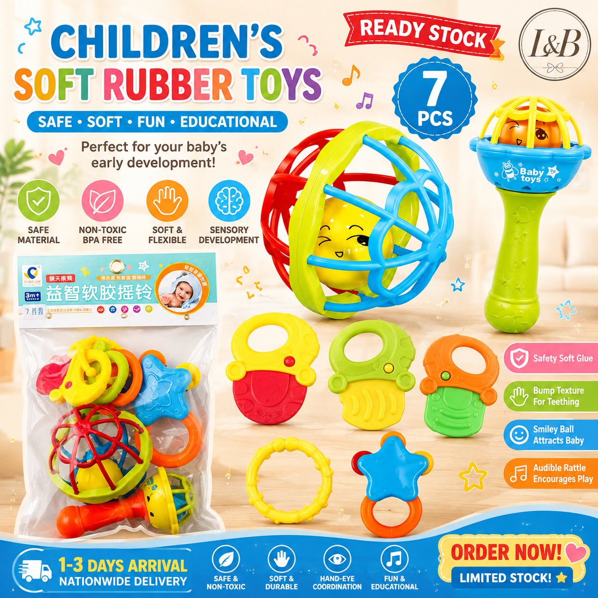 LavernRamirez's tweet photo. 🛒 [SHOP NOW] https://t.co/5NOTgQTp9g

 Baby’s colorful 7-in-1 toy set! 🧸🌈 Soft, fun &amp; engaging—perfect for little hands! 💕 Ready stock!

#BabyToys #BabyEssentials #TeethingToys #EducationalToys #KidsToys #ShopeeFinds #MomFinds https://t.co/NVXtEWXdFg