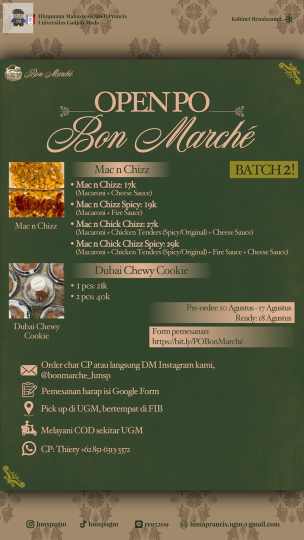 UGM_FESS's tweet photo. yujiem! Bon Marché balik lagi nih dengan OPEN PO-nya!
Kali ini, Bon Marché nawarin cemilan yg LEZADDD dan pastinya kekinian bgttt, yaitu Mac n Chizz dan Dubai Chewy Cookie 🤯
Buruan pesen sebelum kehabisan! 😋 https://t.co/VYv6CBQT87