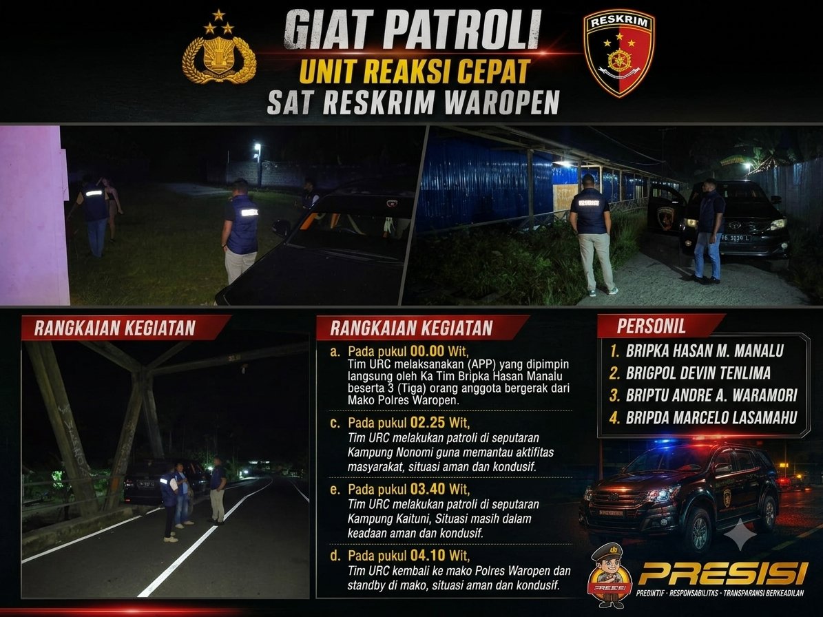hmsreswaropen's tweet photo. Dalam rangka menjaga situasi keamanan dan ketertiban masyarakat (Kamtibmas), personel Unit Reaksi Cepat (URC) Sat reskrim polres Waropen melaksanakan patroli rutin di wilayah hukum polres Waropen.       
 .     
 .     
#DivisiHumasPolri #PoldaPapua #PolresWaropen #PolriPresisi https://t.co/zkqIrganWT