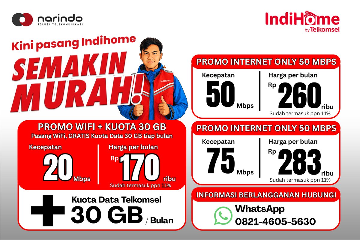 DzikryZalfa's tweet photo. *WIFI MURAH MALANG*

WIFI + KUOTA 30 GB
CUMA 170.000/BULAN

Paket sudah termasuk :
- WiFi 20 mbps
- Kuota 30 GB tiap bulan
- Gratis kartu perdana Telkomsel

Informasi Berlangganan Hubungi
WA 0821-4605-5630 https://t.co/ByZbZ5yRuU