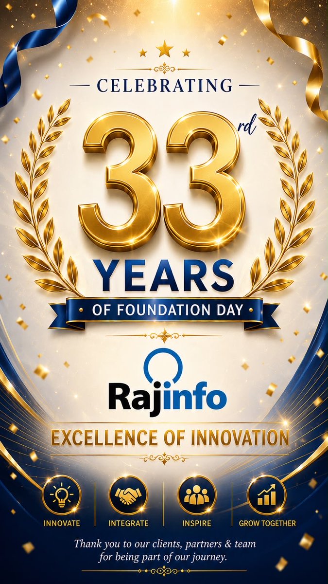 rajinfoenter's tweet photo. Celebrating 33 Years of Excellence! 🎉

33 Years of Dedication, Enthusiasm, Loyalty, Trust &amp; Attitude. A journey full of Innovation and Excellence made possible by our valued Clients, OEM, Distributor &amp; dedicated Team.

Thank you all 🙏

Team #RajInfo https://t.co/vXyiy4e74U