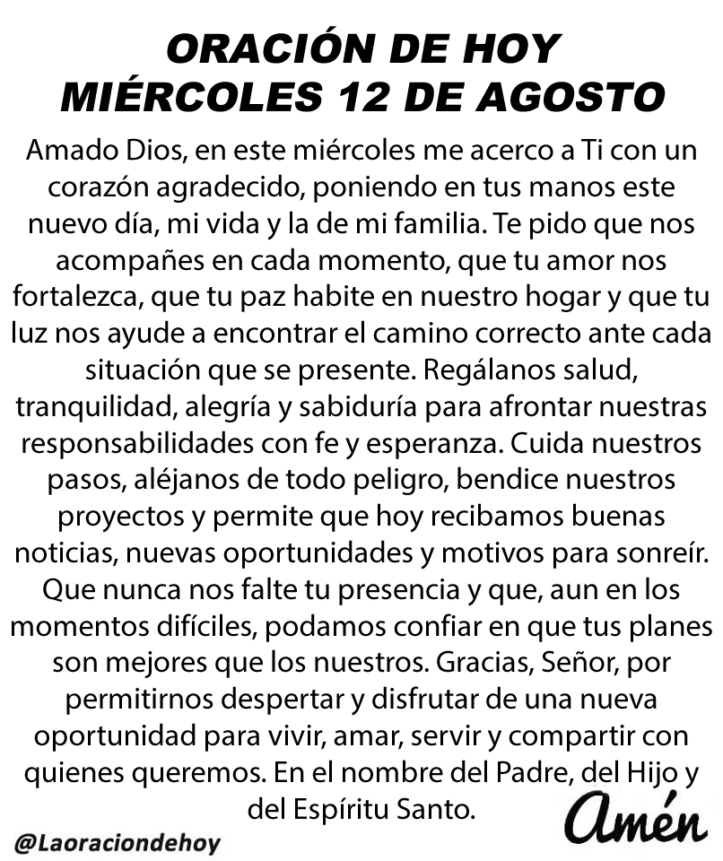 laoraciondehoy's tweet photo. Oración diaria para hoy miércoles 12 de agosto de 2026. https://t.co/B8Av42e16r