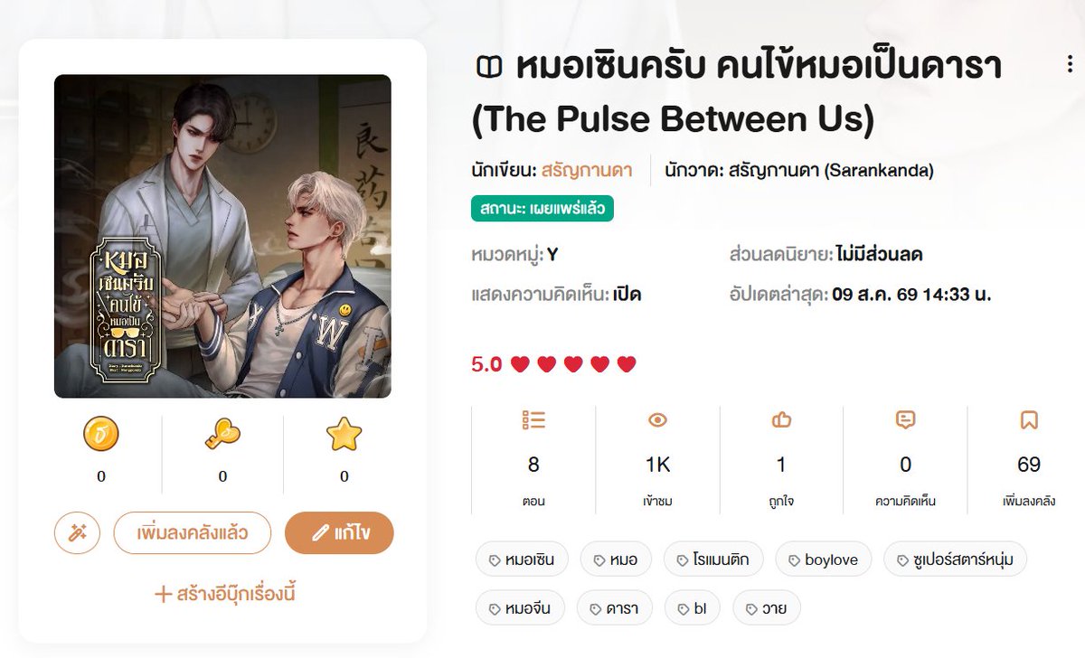 sarankanda's tweet photo. #หมอเซิน ยอดเข้าชมเกิน 1,000 แล้ว ดีใจจังเลย  
https://t.co/efElgTXayE

#นิยายวายแนะนำ #นิยายวาย #ธัญวลัย #อ่านฟินอินสุด https://t.co/pP8Fsfq24k