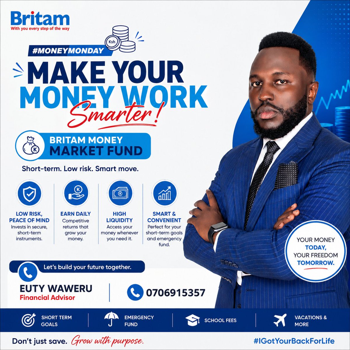 euty_waweru's tweet photo. Why let your money sit idle when it can work towards your goals?
The Britam Money Market Fund offers a convenient way to invest in a professionally managed fund, with liquidity, competitive returns, and a low-risk investment approach.
#FinacialAdvisor #Britam #IGotYourBack https://t.co/Gi3xu4ARXc