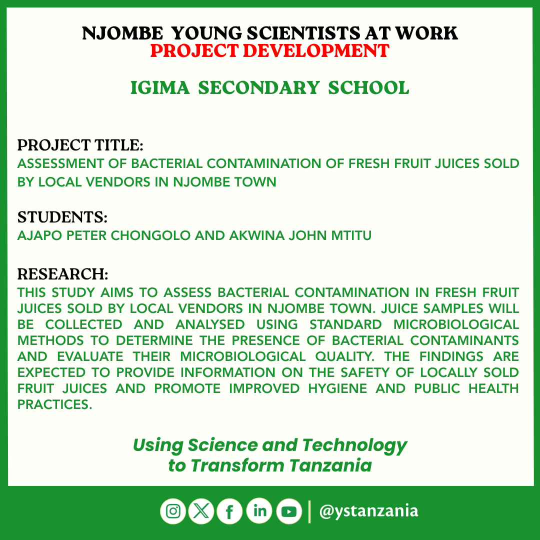 ystanzania's tweet photo. Young innovators Ajapo Peter Chongolo and Akwina John Mtitu of Igima Secondary School are assessing bacterial contamination in fresh fruit juices sold by local vendors to promote food safety. #ScienceForDevelopment #STEM #Innovation https://t.co/uKQRVvPSdQ