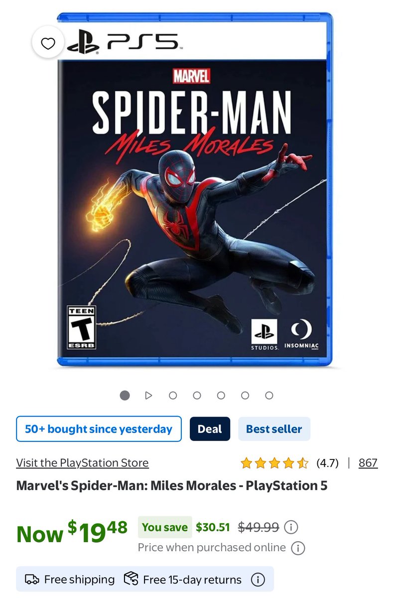 glitchtoriches's tweet photo. $50 SPIDER-MAN: MILES MORALES PS5 GAME FOR $19.48!

That’s $30.51 OFF the regular $49.99 price!

https://t.co/EsVHnfaYeV

Best Buy has it for $47.99
50+ bought since yesterday

Grab it before it jumps back up! #ad https://t.co/SfaBlNzZL3