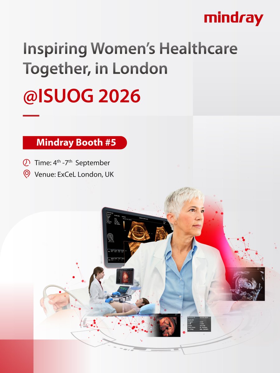 MindrayGlobal's tweet photo. Join Mindray at #ISUOG2026 in London!

Discover the latest Nuewa Women’s Solution at Booth 5 and don’t miss the LIVE Obstetrics Scan Demo with Nuewa A20 on 4 Sept, featuring AI-assisted evaluation of key fetal CNS structures.

📍ExCeL London

#Mindray #Nuewa #WomensHealth https://t.co/4LpFwaxaTC
