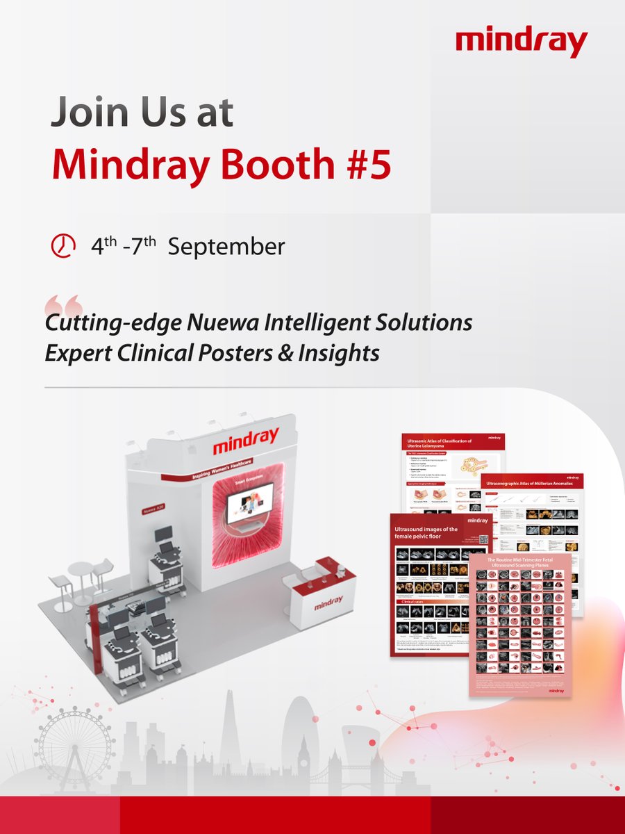 MindrayGlobal's tweet photo. Join Mindray at #ISUOG2026 in London!

Discover the latest Nuewa Women’s Solution at Booth 5 and don’t miss the LIVE Obstetrics Scan Demo with Nuewa A20 on 4 Sept, featuring AI-assisted evaluation of key fetal CNS structures.

📍ExCeL London

#Mindray #Nuewa #WomensHealth https://t.co/4LpFwaxaTC