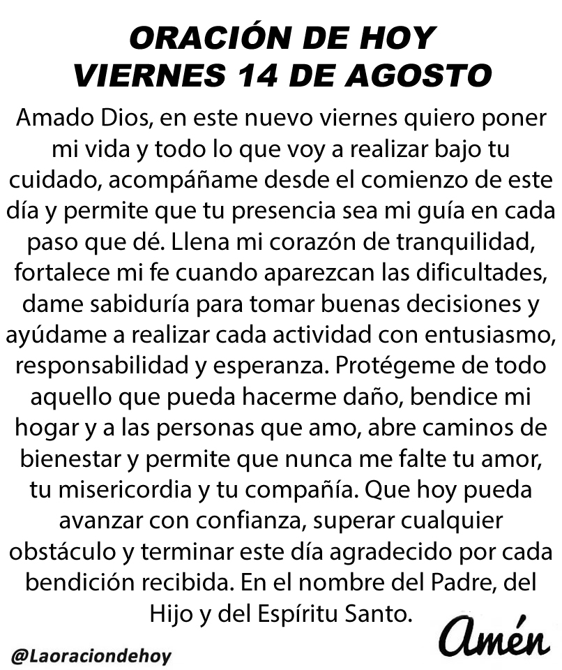 laoraciondehoy's tweet photo. Oración diaria para hoy viernes 14 de agosto de 2026. https://t.co/SQWlhz5JDh