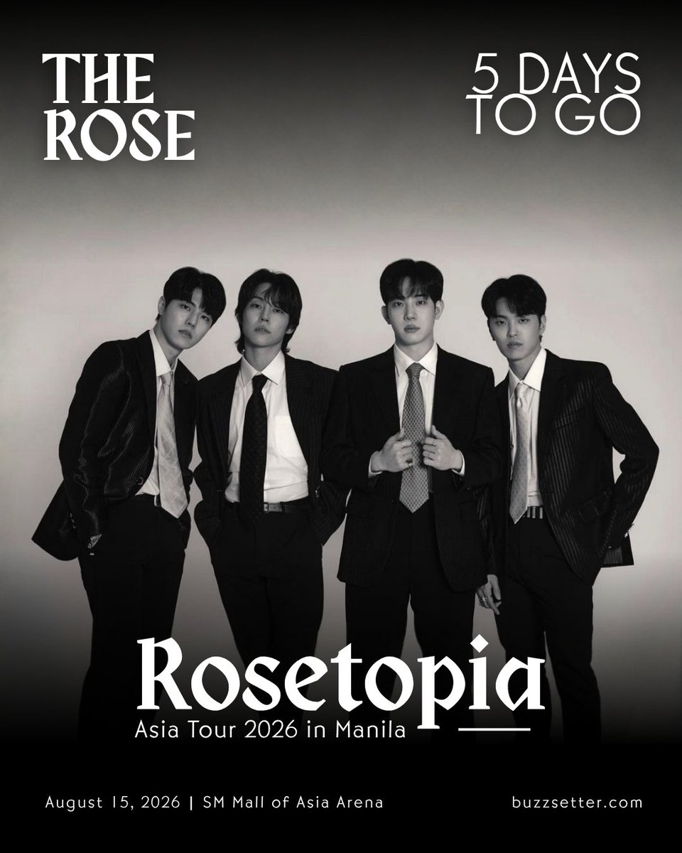buzzsetter_'s tweet photo. Filo Black Roses, we’re closer than we know to finally seeing The Rose live in Manila! 🌹

Get ready to welcome the band in just 5 days, this August 15, at the SM Mall of Asia Arena.

Get your tickets now via https://t.co/uy3dakmliS 🎟️

Presented by @LSquaredProdPH 
#TheRose #더로즈 #ROSETOPIA
 #ROSETOPIAInManila
 #LSquaredProdPH