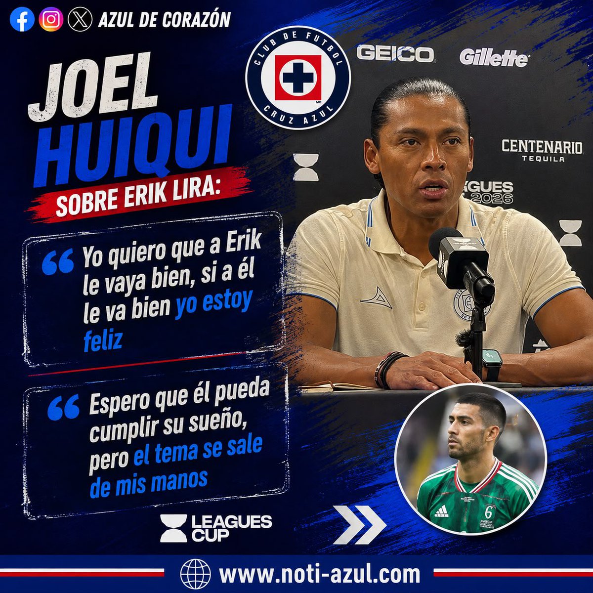 AZULDeCorazon14's tweet photo. 🗣️💙 JOEL HUIQUI HABLA SOBRE ERIK LIRA

🎙️ El técnico de Cruz Azul dejó claro que desea lo mejor para el mediocampista y que respeta sus aspiraciones de cara al futuro.

“Yo quiero que a Erik le vaya bien, si a él le va bien yo estoy feliz.”

“Espero que él pueda cumplir su sueño, pero el tema se sale de mis manos.”

🚂💙 Huiqui respaldó a Lira y dejó claro que, aunque le gustaría verlo cumplir sus objetivos, su futuro ya depende de otros factores.

#AzulDeCorazón ⭐️ #PorLaOnceaba 🏆 #CruzAzul