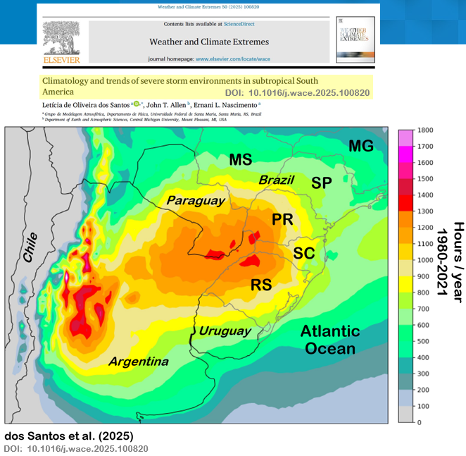 Ern_Nascimento's tweet photo. The figure shows the (estimate of) number of hours per year with favorable conditions for severe storms based on a CAPE-shear combination that was regionally adjusted by @lechiciaos based on @prevots_svr severe weather reports from **southern Brazil** (I must stress that). https://t.co/ED8p8Dkfu1