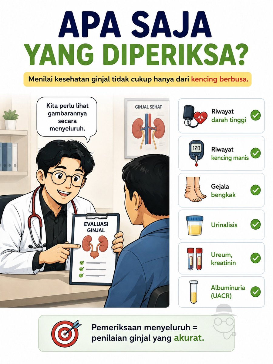 doktercamo's tweet photo. KENCING BERBUSA = GINJAL BOCOR ⁉️

Kencing berbusa memang sering bikin khawatir:
“Dok, jangan-jangan ginjal saya bocor?” 😰

Tapi jangan langsung panik.

Kencing berbusa tidak selalu berarti ada kerusakan ginjal. Aliran kencing yang deras, urine yang lebih pekat, atau bahkan sisa sabun di toilet bisa membuatnya berbusa.

Yang lebih penting adalah melihat gambaran besarnya.
Kalau busa muncul terus-menerus, apalagi disertai bengkak, punya riwayat hipertensi/diabetes, atau ada kelainan pada pemeriksaan urine, barulah kita perlu mencari tahu lebih lanjut.

Biasanya dokter akan menggali riwayat :
🩺 Tekanan darah
🍬 Gula darah
🦵 Bengkak
🧪 Pemeriksaan urine
🧫 Kreatinin & eGFR
💧 Albuminuria/UACR

Jadi, jangan diagnosis ginjal hanya dari apa yang terlihat di toilet. 😅
Kencing berbusa �� otomatis ginjal bocor.

#ginjalbocor #gagalginjal #hipertensi #diabetes #tanyadoktercamo