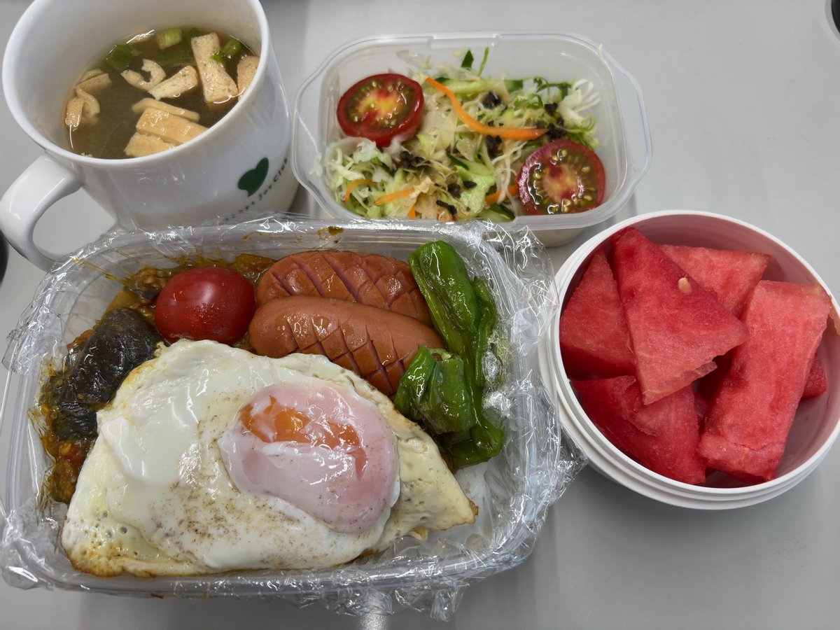 hamorhysm's tweet photo. 今日のお弁当

挽肉とナスのカレー
目玉焼き乗せ
フランクフルト
ししとう
味噌汁
キャベツサラダ
スイカ　など

#お弁当 #お弁当記録 https://t.co/gzRMTOM9qf