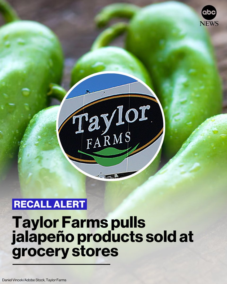 ABC's tweet photo. Taylor Farms — the massive food producer linked to the record cyclosporiasis outbreak — is now pulling more than a dozen products with jalapeños from grocery stores across the United States.

Read more: https://t.co/I0r4mLy6c8 https://t.co/4FPw1rQyFc