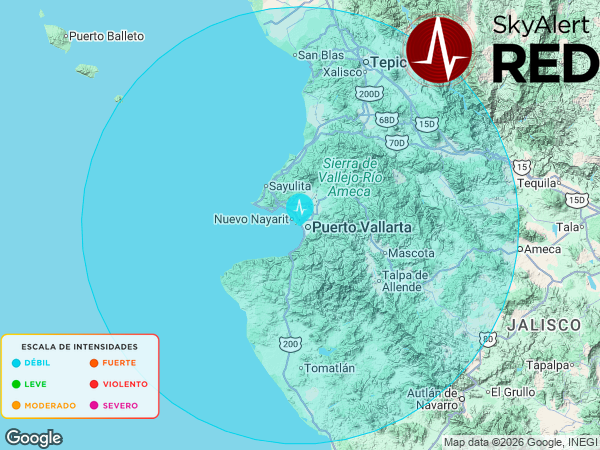 SkyAlertMx's tweet photo. #SismoFinalizado
  Intensidad 🔵“DÉBIL”🔵 en #PuertoVallarta, Jal.
  Recibiste la notificación si estás dentro de los radios de alertamiento.
  Descarga #SkyAlert: https://t.co/utcJz1LFMg
  21:16:52 - 09/08/2026 https://t.co/di2osm8qfS