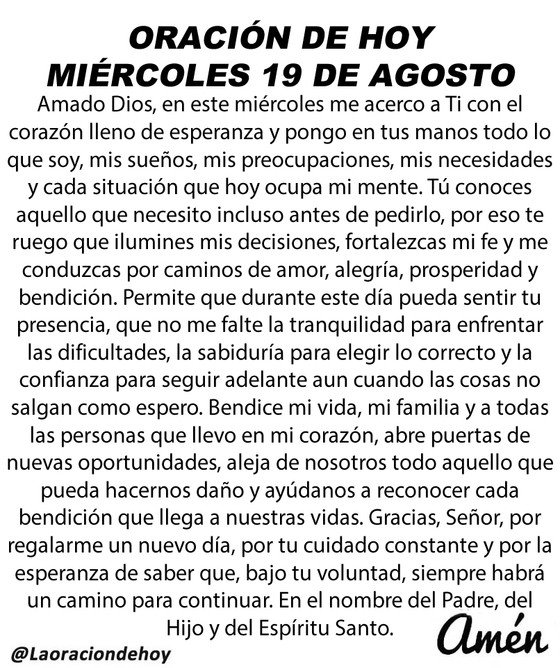 laoraciondehoy's tweet photo. Oración diaria para hoy miércoles 19 de agosto de 2026. https://t.co/F2ioJNX0PF