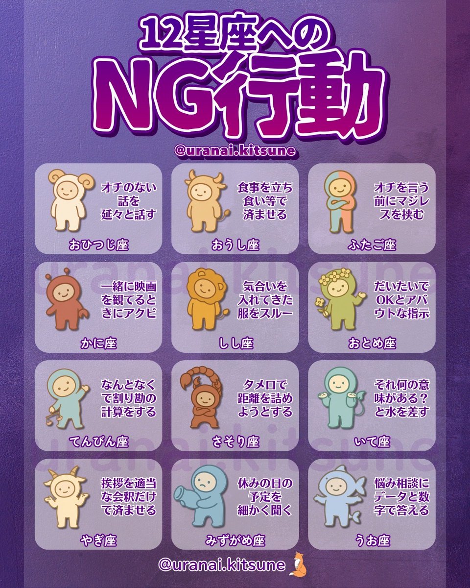 uranai_kitsune's tweet photo. 12星座へのNG行動🙅‍♀️ https://t.co/CgQML4lfol