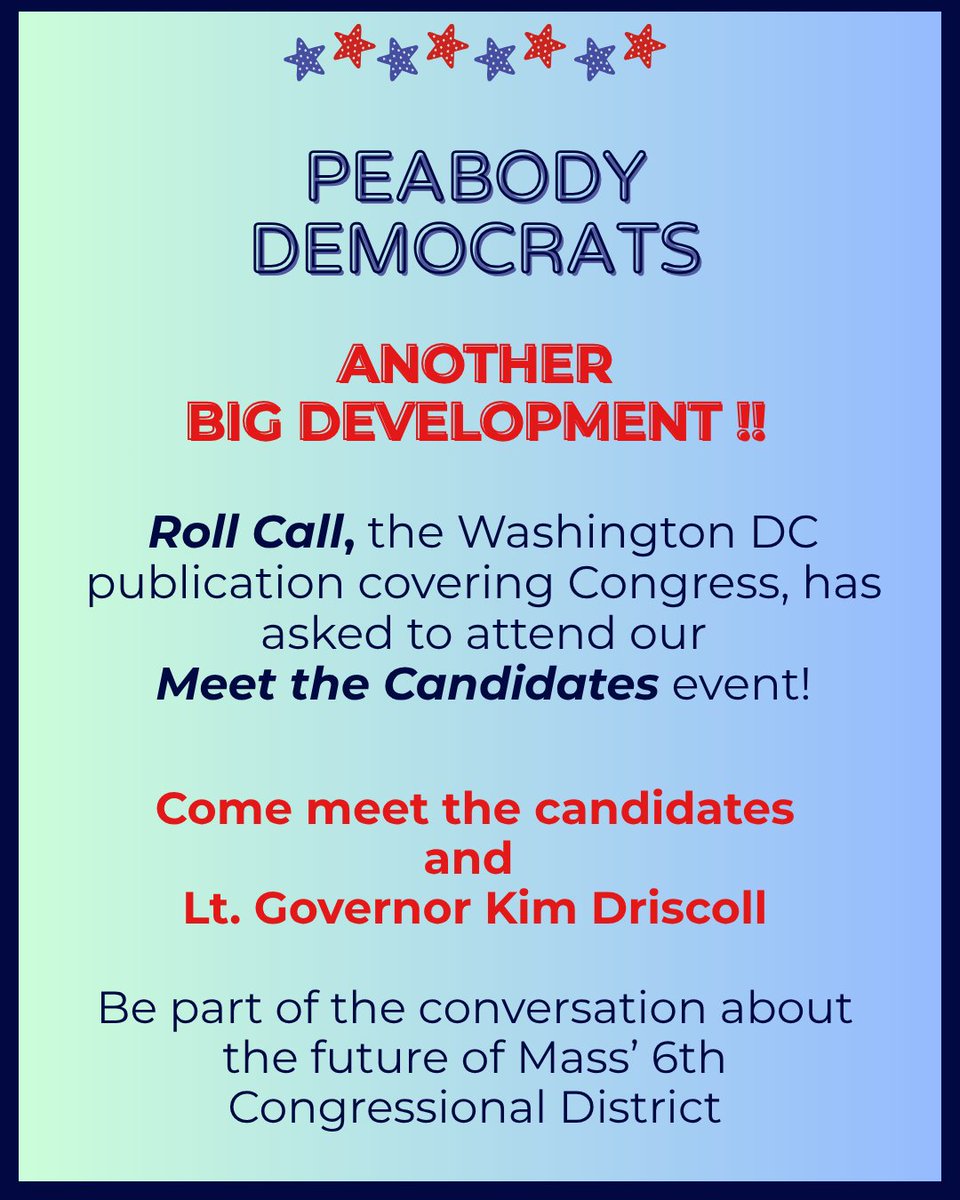 peabodydems's tweet photo. Join the conversation about the future of Mass' 6th Congressional District
✔️Lt Governor Kim Driscoll is coming
✔️Congressional candidates are coming
✔️The community is invited
Get the details here: https://t.co/1DIqjv6MIG
#PeabodyMA #PeabodyDems #MA6 #massdems #mapoli https://t.co/D5IMJ9GPyG