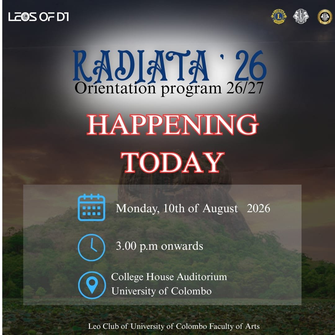 LEOUOCFOA's tweet photo. Radiata 🦁

Happening Today. 🌟

📅 Date: Monday, 10th of August 2026
🕒 Time: 3.00 p.m. onwards
📍 Location: College House Auditorium , University of Colombo.

#Happening_Today 
#Radiata_26 
#leo_uoc_foa 
#LeosofUOCFOA 
#leodistrict306D1 
#LeoMD306 
#LeosOfSriLankaMaldives https://t.co/EHRUNvVRdg